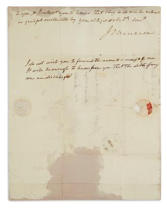 PAYING FOR DEBTS OF SON DISMISSED FROM HARVARD (SUPREME COURT.) JOHN MARSHALL. Autograph Letter Signed, J.Ma...